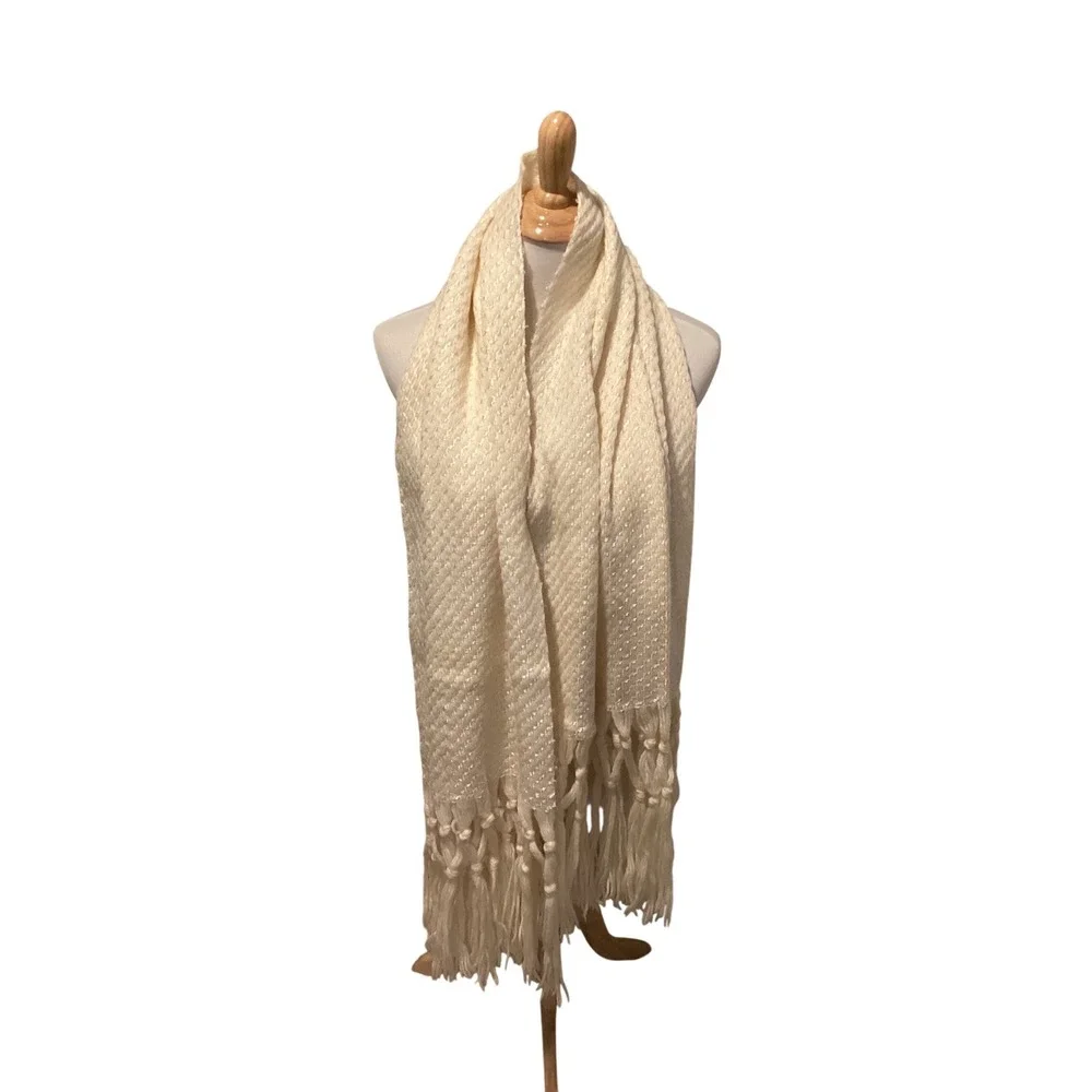Cream Woven Shawl Scarf Fringed Tassel Textured‎ Boho Wrap Accessory